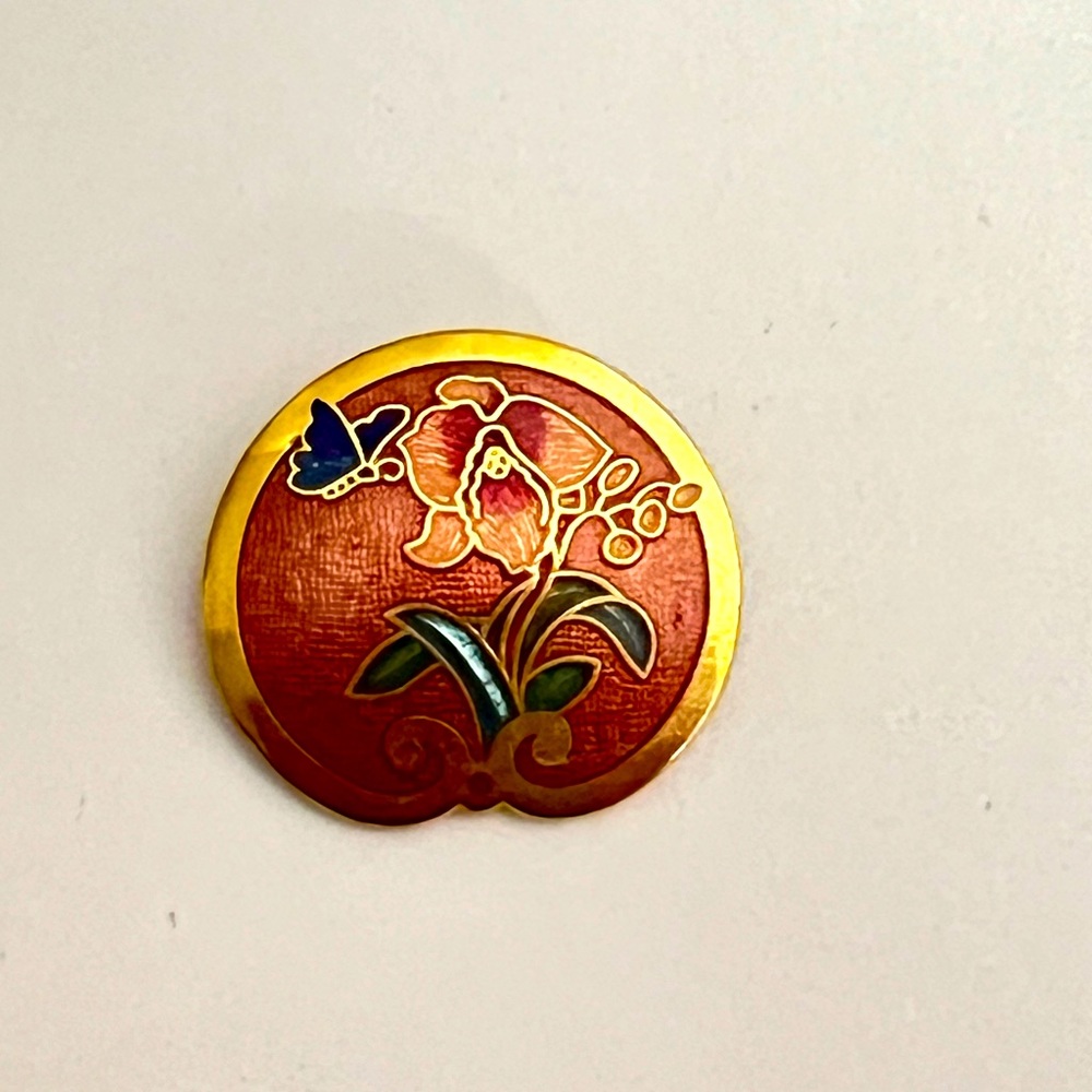 Signed Original Butterfly In Flowers Brooch, 80s Cloisonné Asiatic Enamel PIN